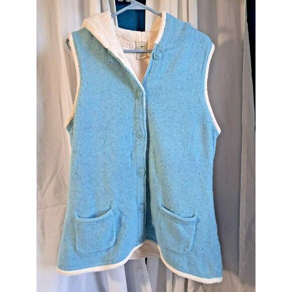 LL Bean Vest Womens Large Blue Sherpa Lined Lambswool Blend Button Hoodie - Picture 3 of 11